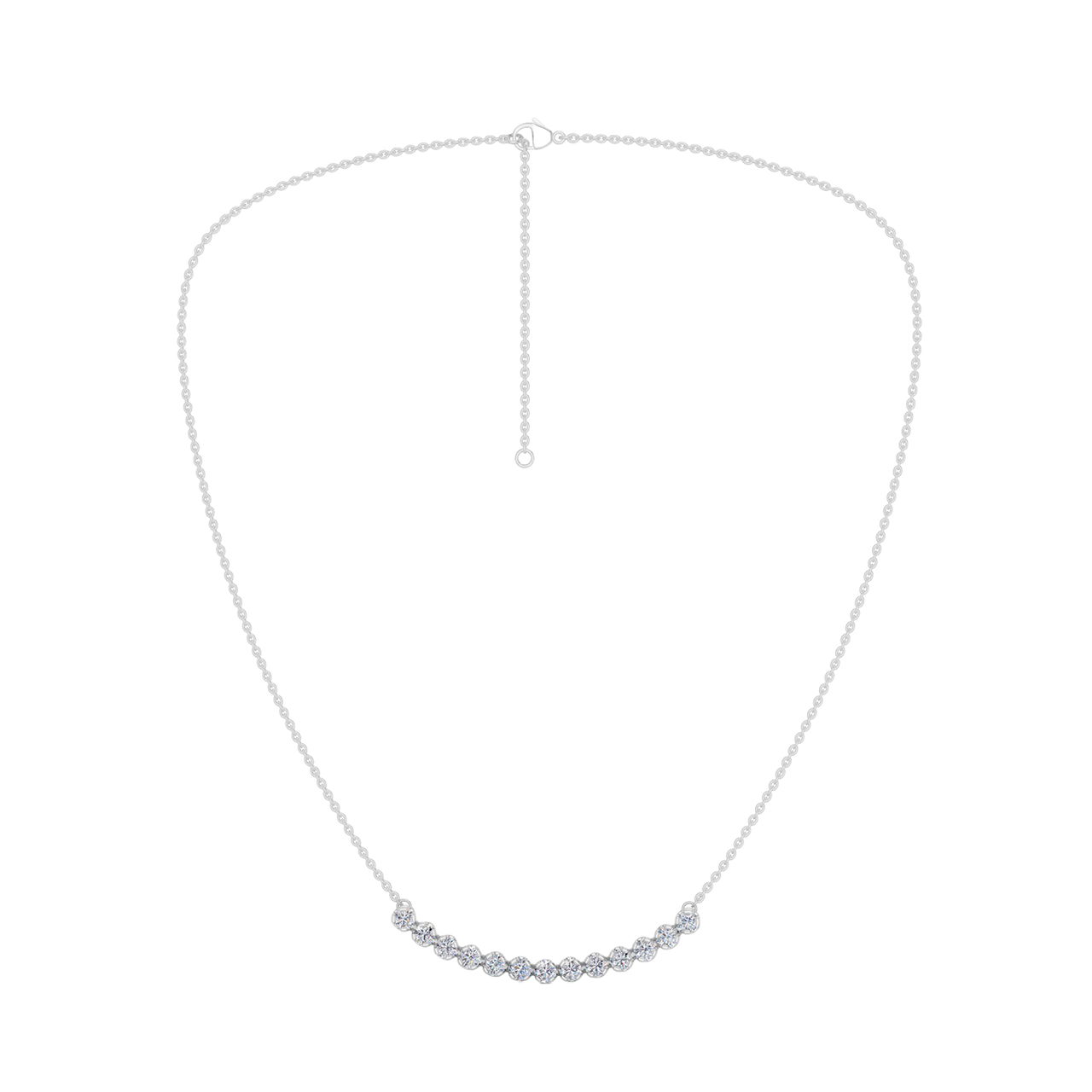 Front view of a white gold necklace featuring round white diamonds set along a gently curved design on a delicate chain.