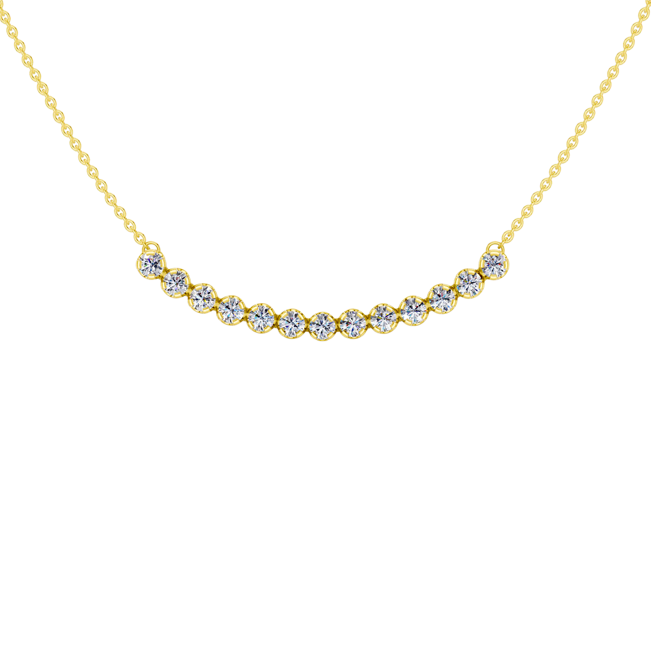 Up close front view of a yellow gold necklace featuring round white diamonds set along a gently curved design on a delicate chain.