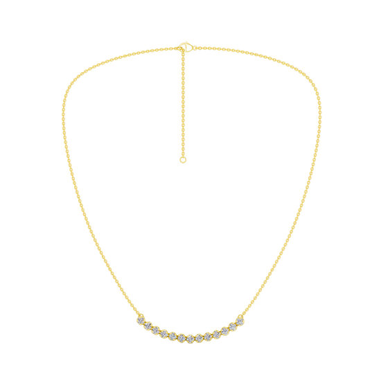 Front view of a yellow gold necklace featuring round white diamonds set along a gently curved design on a delicate chain.