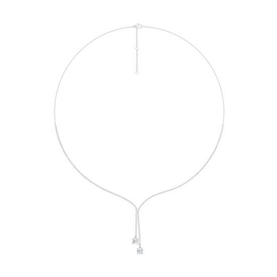 A top-down view of the 14K white gold diamond lariat Y-necklace (Versailles Plunge), highlighting the adjustable chain and deep diamond drop.