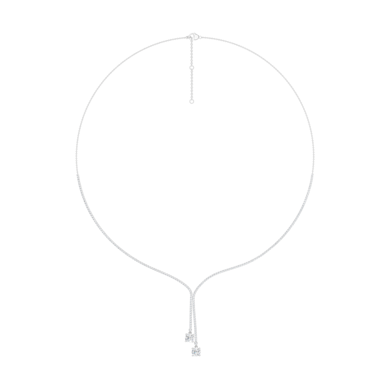 A top-down view of the 14K white gold diamond lariat Y-necklace (Versailles Plunge), highlighting the adjustable chain and deep diamond drop.