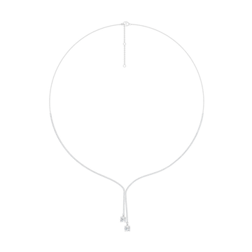 A top-down view of the 14K white gold diamond lariat Y-necklace (Versailles Plunge), highlighting the adjustable chain and deep diamond drop.