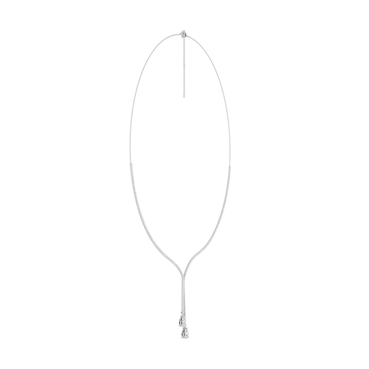 A full top-down view of the white gold diamond Y-necklace laid flat, showing its ability to elongate the neck.