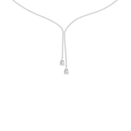 A close-up view of the 14K white gold Aurora Lariat necklace's drop, highlighting the two terminating brilliant diamonds.