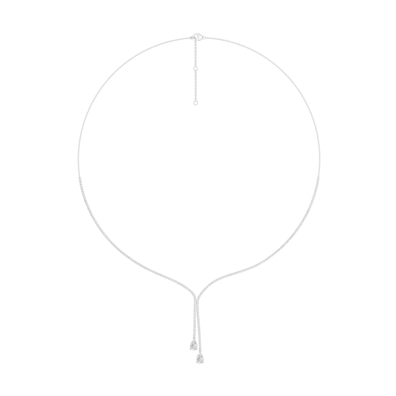 A full view profile of the 14K white gold Aurora diamond Lariat Y-necklace, designed for easy layering.