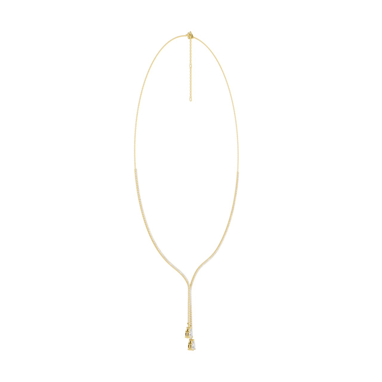 A full top-down view of the yellow gold diamond Y-necklace laid flat, showing its ability to elongate the neck.