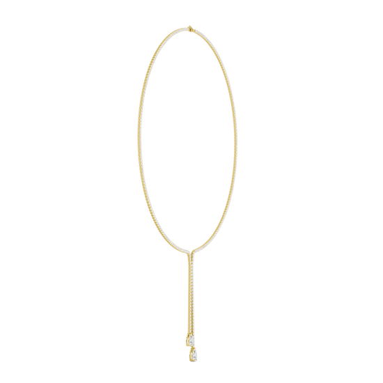 A full top-down view of the 14K yellow gold necklace, laid flat to display the bold Y-shaped silhouette.