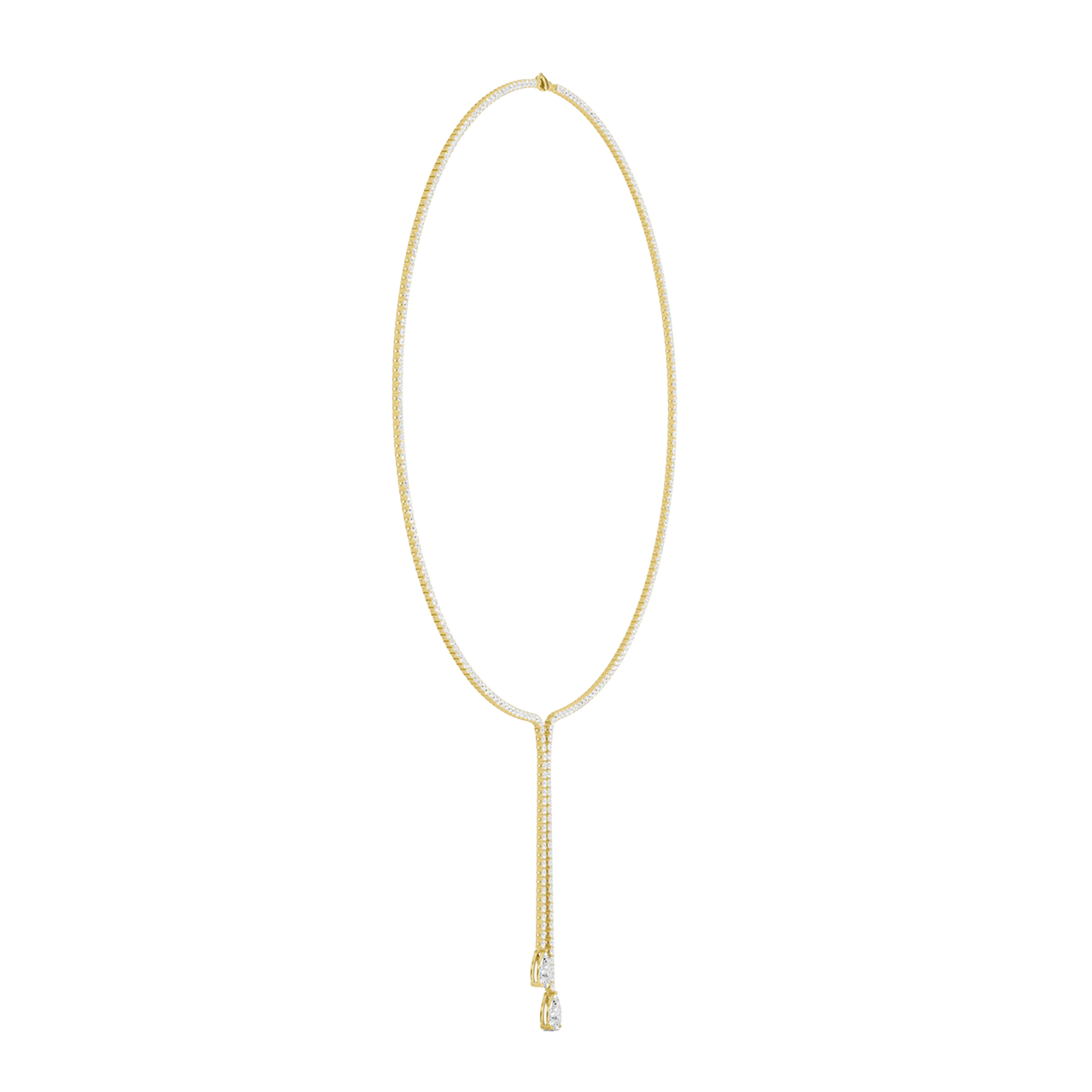 A full top-down view of the 14K yellow gold necklace, laid flat to display the bold Y-shaped silhouette.
