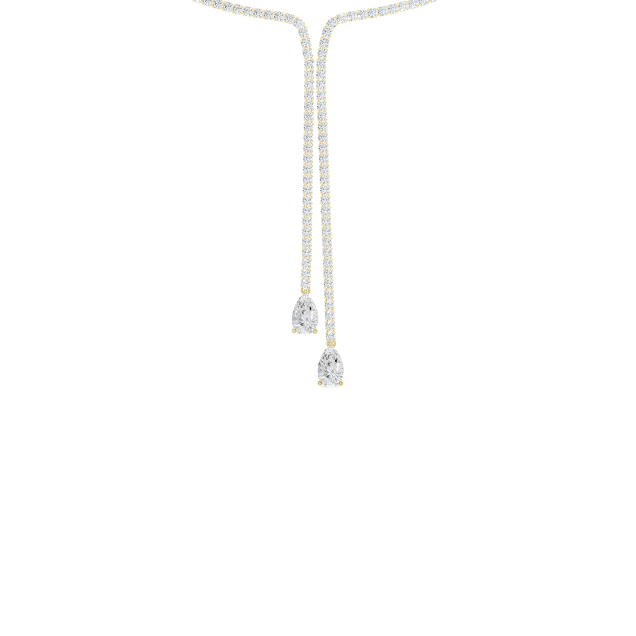 A close-up view of the cascading lab-grown diamonds and drop of the 14K white gold Manifest Cascade necklace.