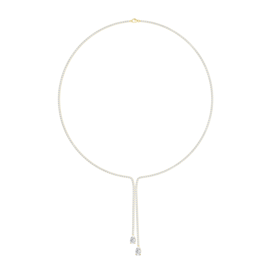 A full view profile of the 14K white gold Manifest Cascade Y-necklace, showcasing its light-catching cascade of lab-grown diamonds.