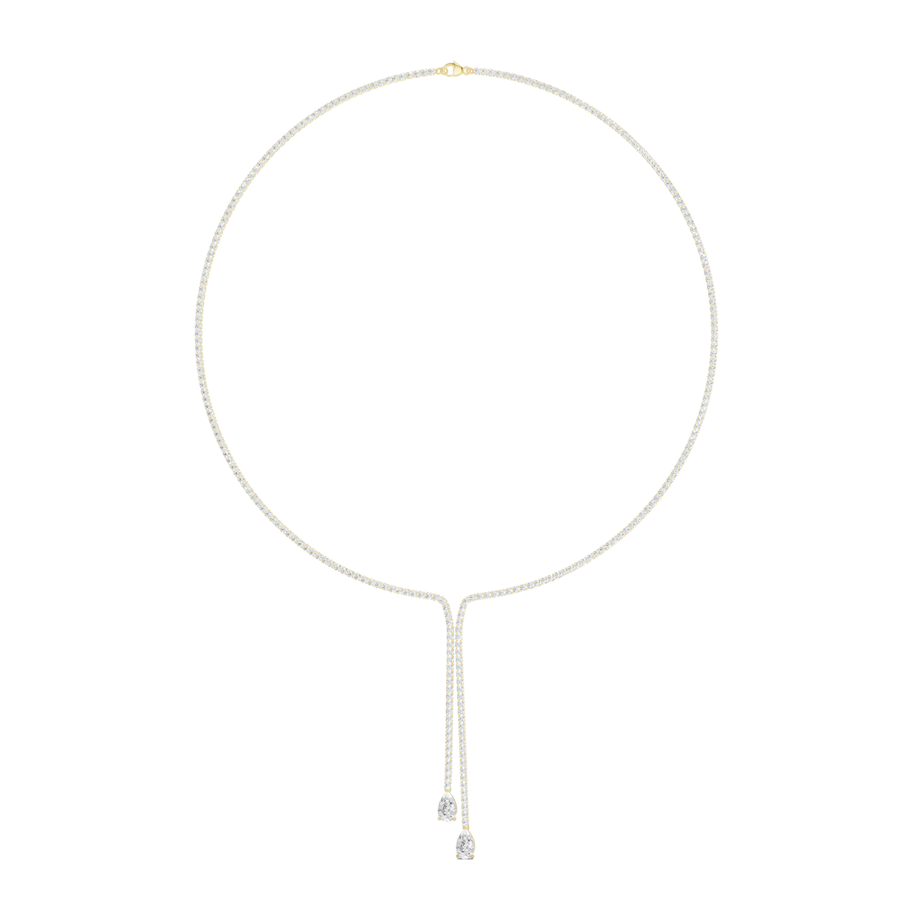 A full view profile of the 14K white gold Manifest Cascade Y-necklace, showcasing its light-catching cascade of lab-grown diamonds.