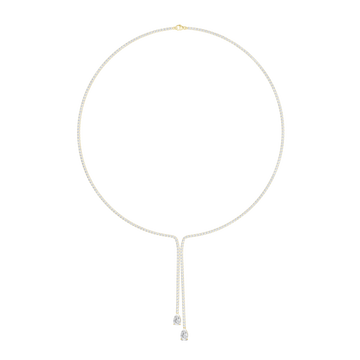 A full view profile of the 14K white gold Manifest Cascade Y-necklace, showcasing its light-catching cascade of lab-grown diamonds.