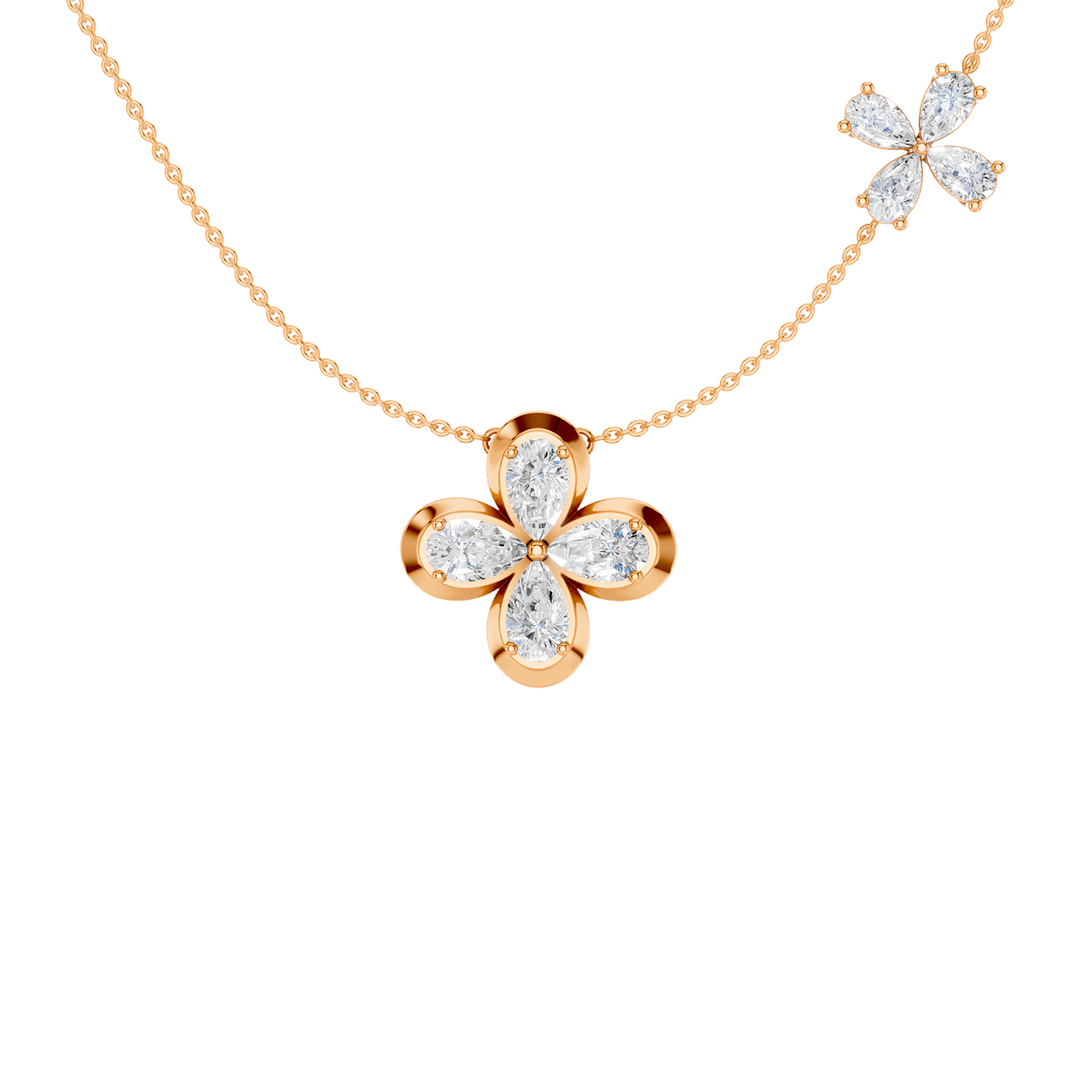 Front view of a yellow gold floral diamond necklace featuring a marquise-cut diamond flower pendant with matching diamond accents along a delicate rose gold chain.