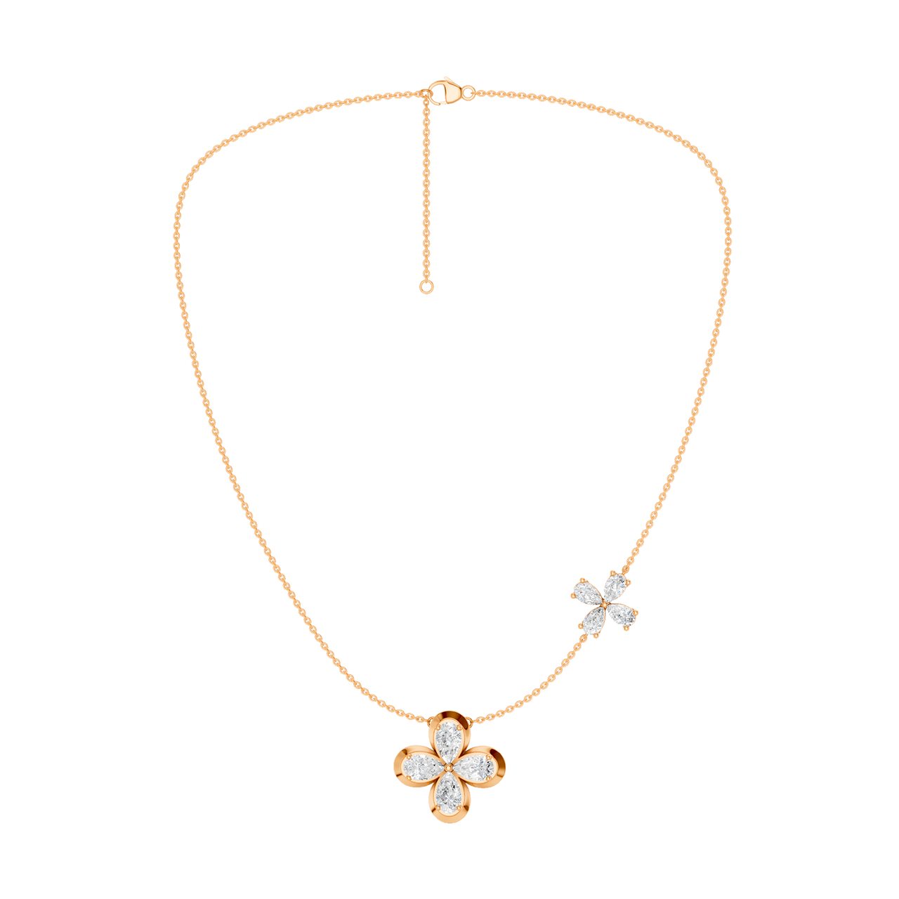 Front view of a yellow gold floral diamond necklace featuring a marquise-cut diamond flower pendant with matching diamond accents along a delicate rose gold chain.