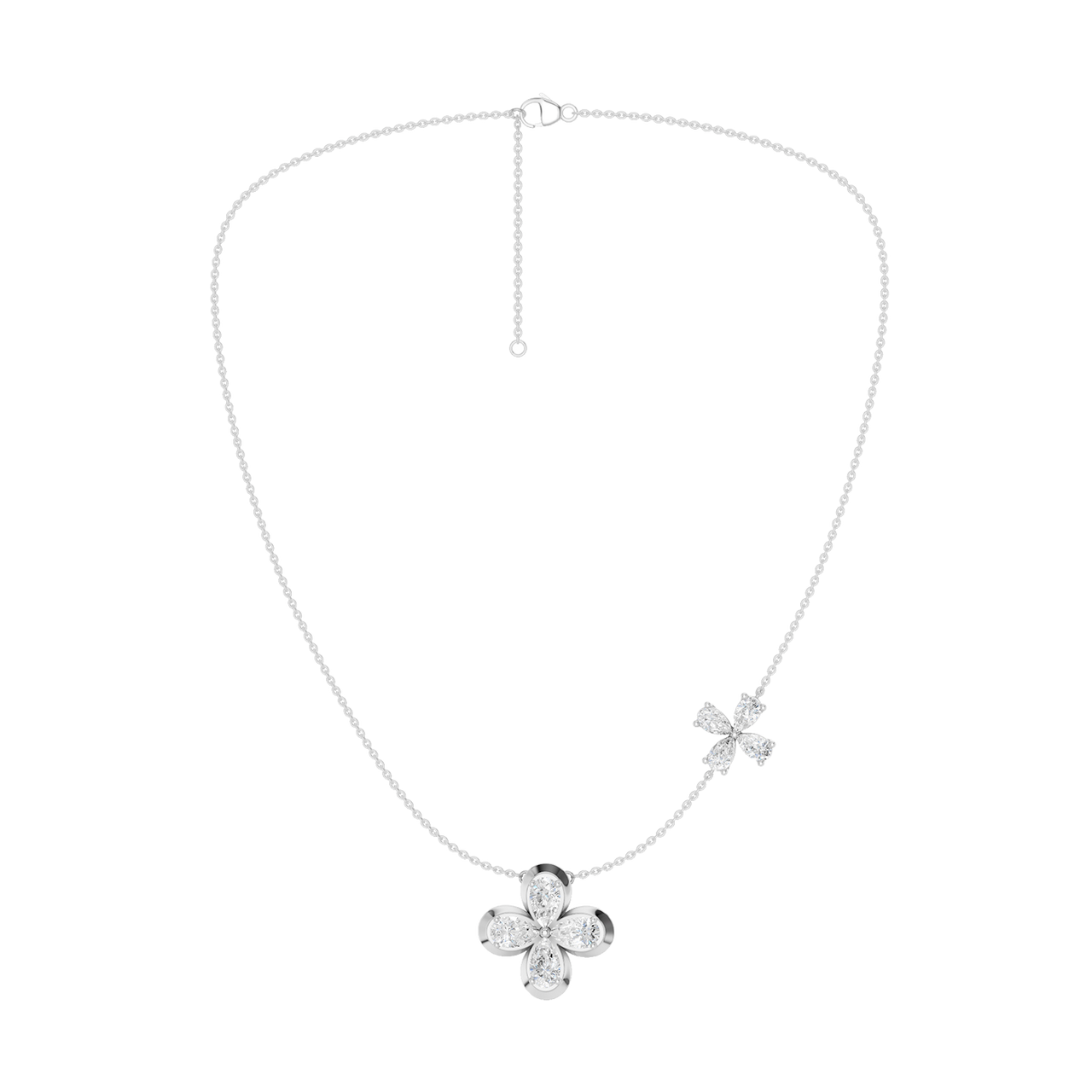 Front view of a yellow gold floral diamond necklace featuring a marquise-cut diamond flower pendant with matching diamond accents along a delicate white gold chain.