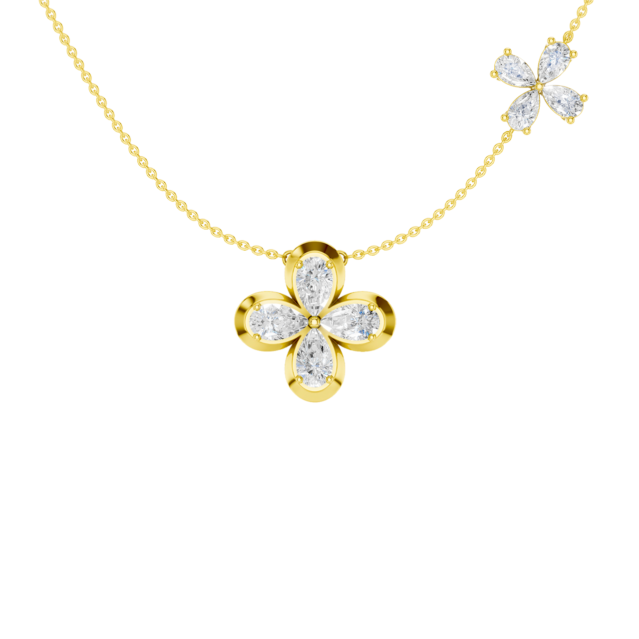 Front view of a yellow gold floral diamond necklace featuring a marquise-cut diamond flower pendant with matching diamond accents along a delicate yellow gold chain.