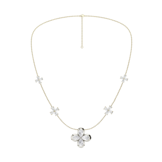 Front view of a white gold floral diamond necklace featuring a marquise-cut diamond flower pendant with matching diamond accents along a delicate gold chain.