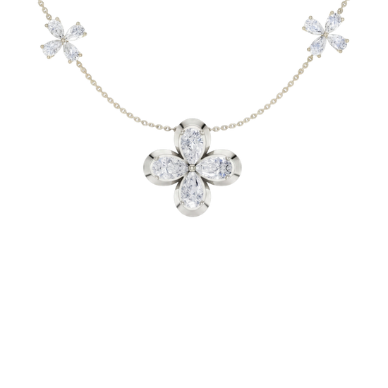 Zoomed in front view of a white gold floral diamond necklace featuring a marquise-cut diamond flower pendant with matching diamond accents along a delicate gold chain.