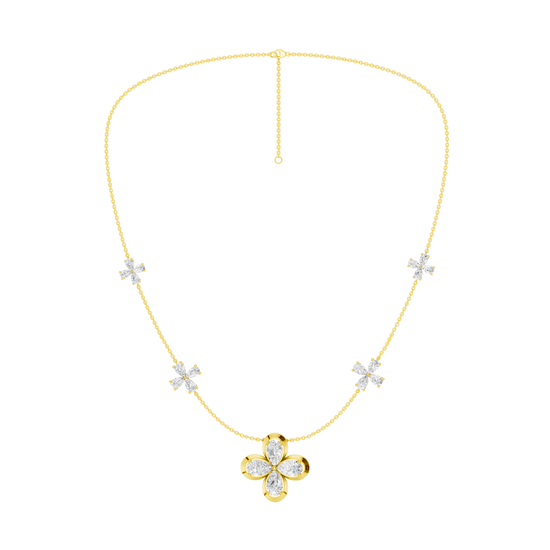 Front view of a yellow gold floral diamond necklace featuring a marquise-cut diamond flower pendant with matching diamond accents along a delicate gold chain.