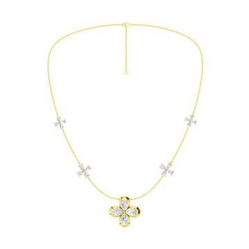 Front view of a yellow gold floral diamond necklace featuring a marquise-cut diamond flower pendant with matching diamond accents along a delicate gold chain.