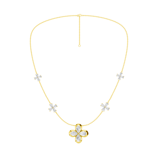 Front view of a yellow gold floral diamond necklace featuring a marquise-cut diamond flower pendant with matching diamond accents along a delicate gold chain.