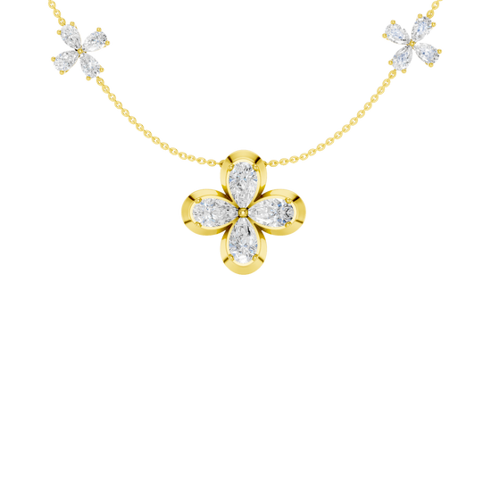 Zoomed in front view of a yellow gold floral diamond necklace featuring a marquise-cut diamond flower pendant with matching diamond accents along a delicate gold chain.