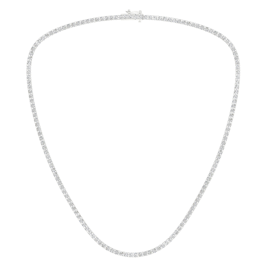 A full top-down view of The Daily Standard 14K white gold F VS diamond tennis necklace.