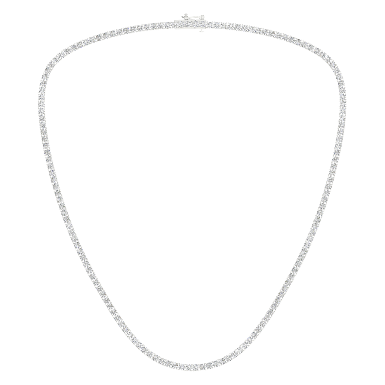 A full view of the standard 14K white gold five diamond tennis necklace, featuring continuous diamond settings.