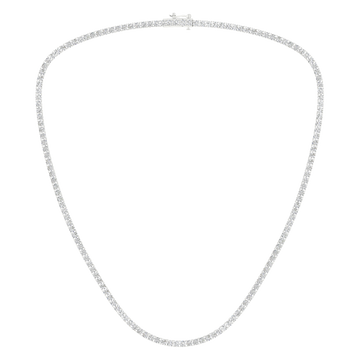 A full view of the standard 14K white gold five diamond tennis necklace, featuring continuous diamond settings.