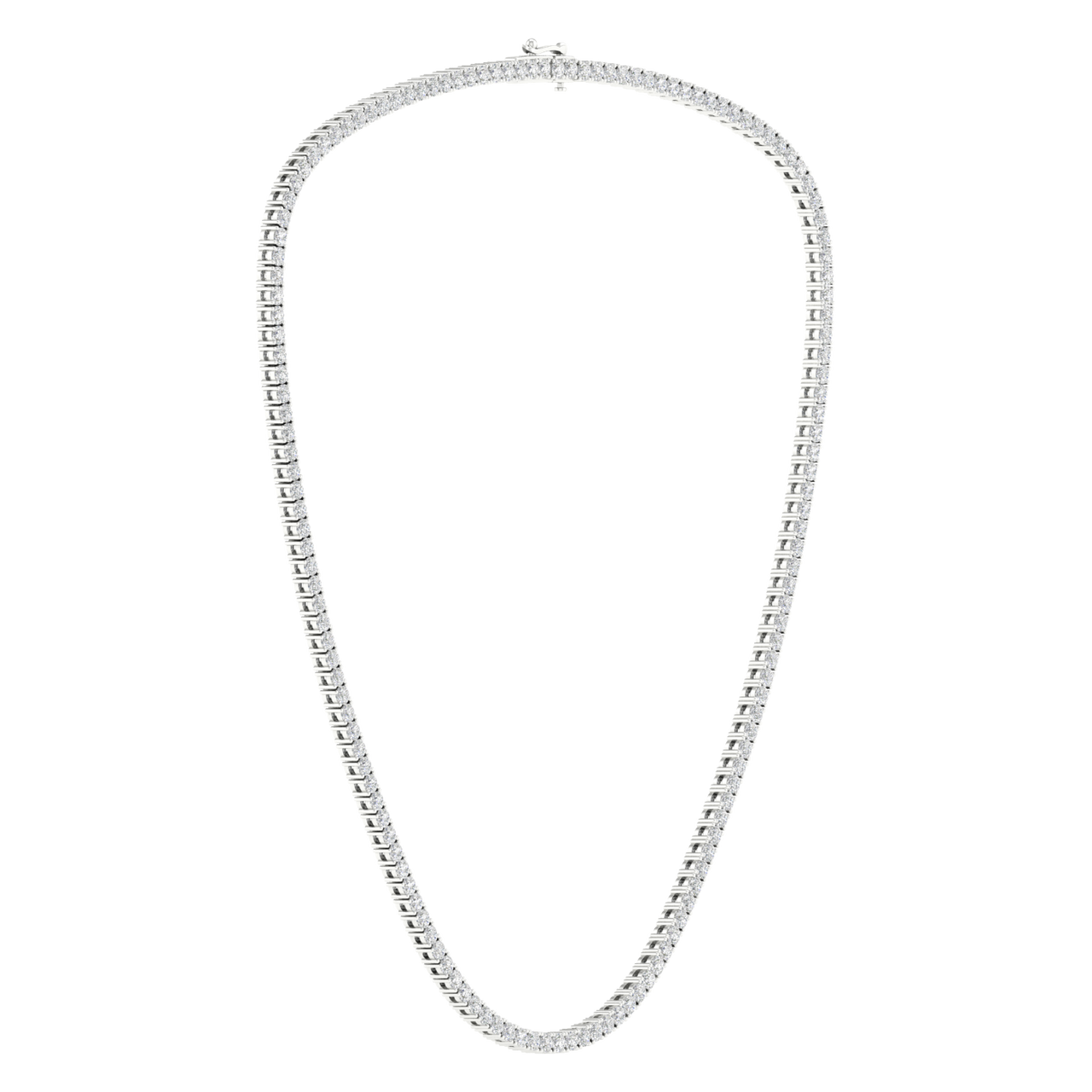 A full top-down view of a 14K white gold diamond necklace featuring long, brilliant baguette-cut stones.