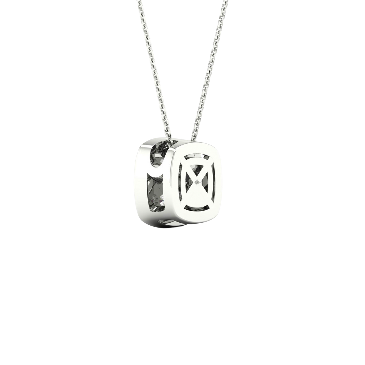 Back view of a white gold cushion cluster diamond pendant necklace showing a clean, polished backing and modern construction.