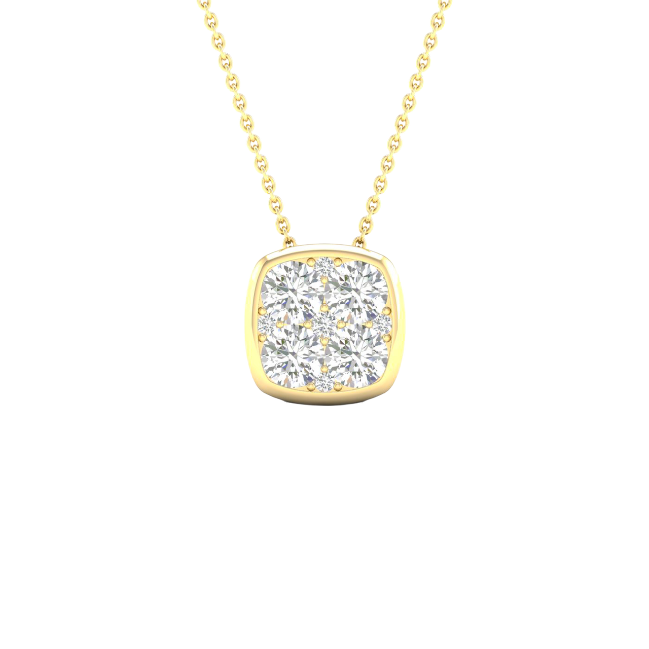 Front view of a cushion-shaped cluster diamond pendant necklace in yellow gold, featuring brilliant-cut diamonds arranged in a soft square silhouette on a fine gold chain.