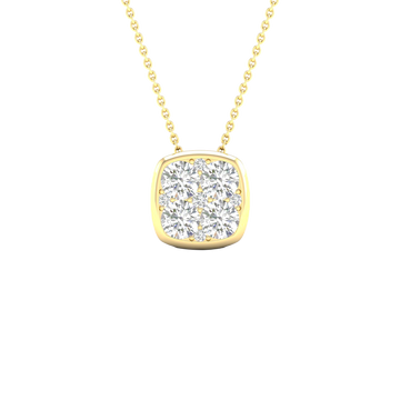 Front view of a cushion-shaped cluster diamond pendant necklace in yellow gold, featuring brilliant-cut diamonds arranged in a soft square silhouette on a fine gold chain.