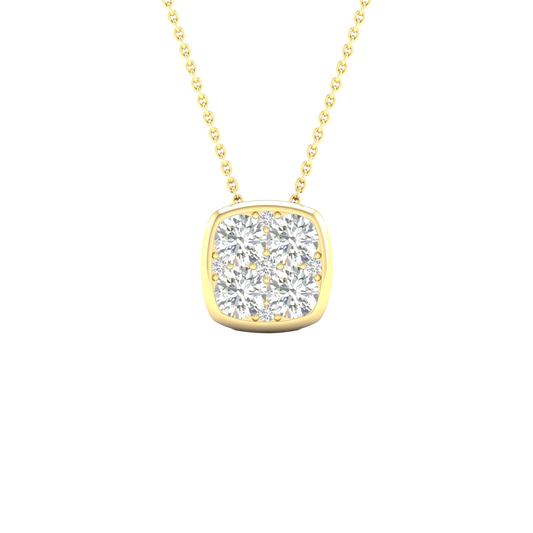 Front view of a cushion-shaped cluster diamond pendant necklace in yellow gold, featuring brilliant-cut diamonds arranged in a soft square silhouette on a fine gold chain.