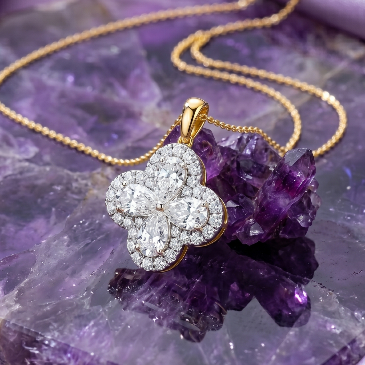 Yellow gold diamond clover pendant necklace featuring four pear-shaped diamonds and a diamond halo, styled on a purple amethyst crystal slab.