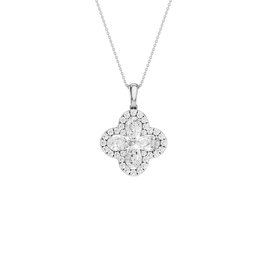 Front view of a white gold pendant necklace featuring a floral-inspired design with white diamonds on a delicate chain.