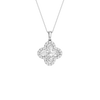 Front view of a white gold pendant necklace featuring a floral-inspired design with white diamonds on a delicate chain.