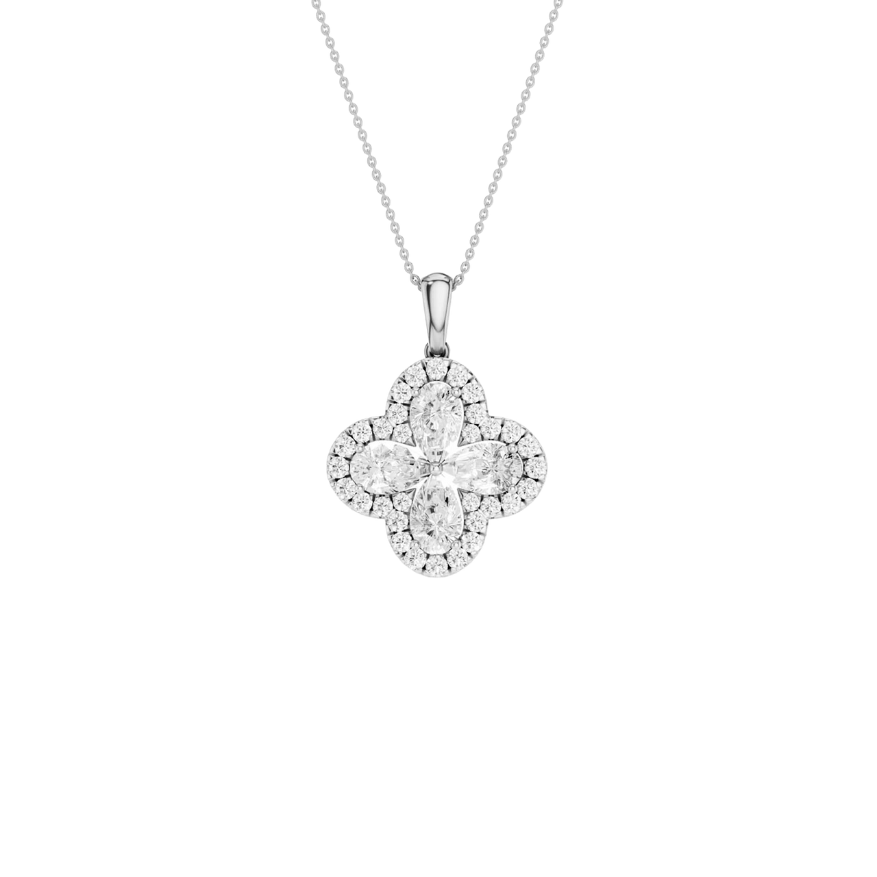 Front view of a white gold pendant necklace featuring a floral-inspired design with white diamonds on a delicate chain.