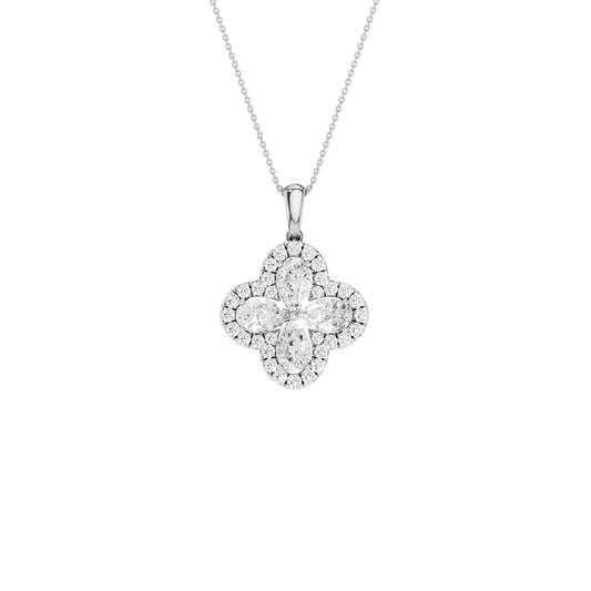 Front view of a white gold pendant necklace featuring a floral-inspired design with white diamonds on a delicate chain.