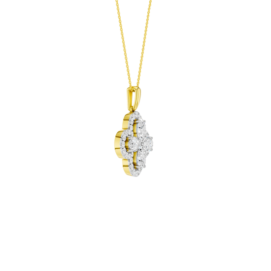Angled view of a yellow gold pendant necklace featuring white diamonds and a warm polished gold finish.