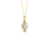 Angled view of a yellow gold pendant necklace featuring white diamonds and a warm polished gold finish.