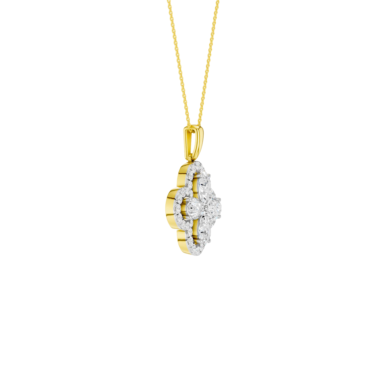 Angled view of a yellow gold pendant necklace featuring white diamonds and a warm polished gold finish.