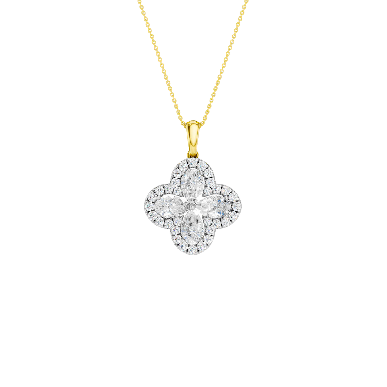 Front view of a yellow gold pendant necklace featuring a floral-inspired design with white diamonds on a delicate chain.