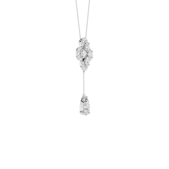 Side view of a yellow gold floral diamond necklace featuring a pear-cut diamond flower pendant with matching diamond accents along a delicate white gold chain.