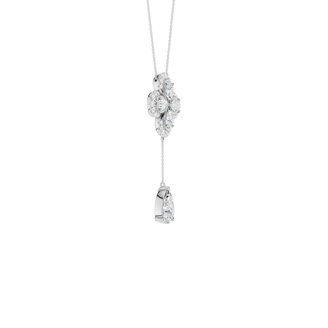 Side view of a yellow gold floral diamond necklace featuring a pear-cut diamond flower pendant with matching diamond accents along a delicate white gold chain.