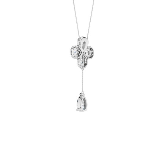 Front view of a yellow gold floral diamond necklace featuring a pear-cut diamond flower pendant with matching diamond accents along a delicate white gold chain.