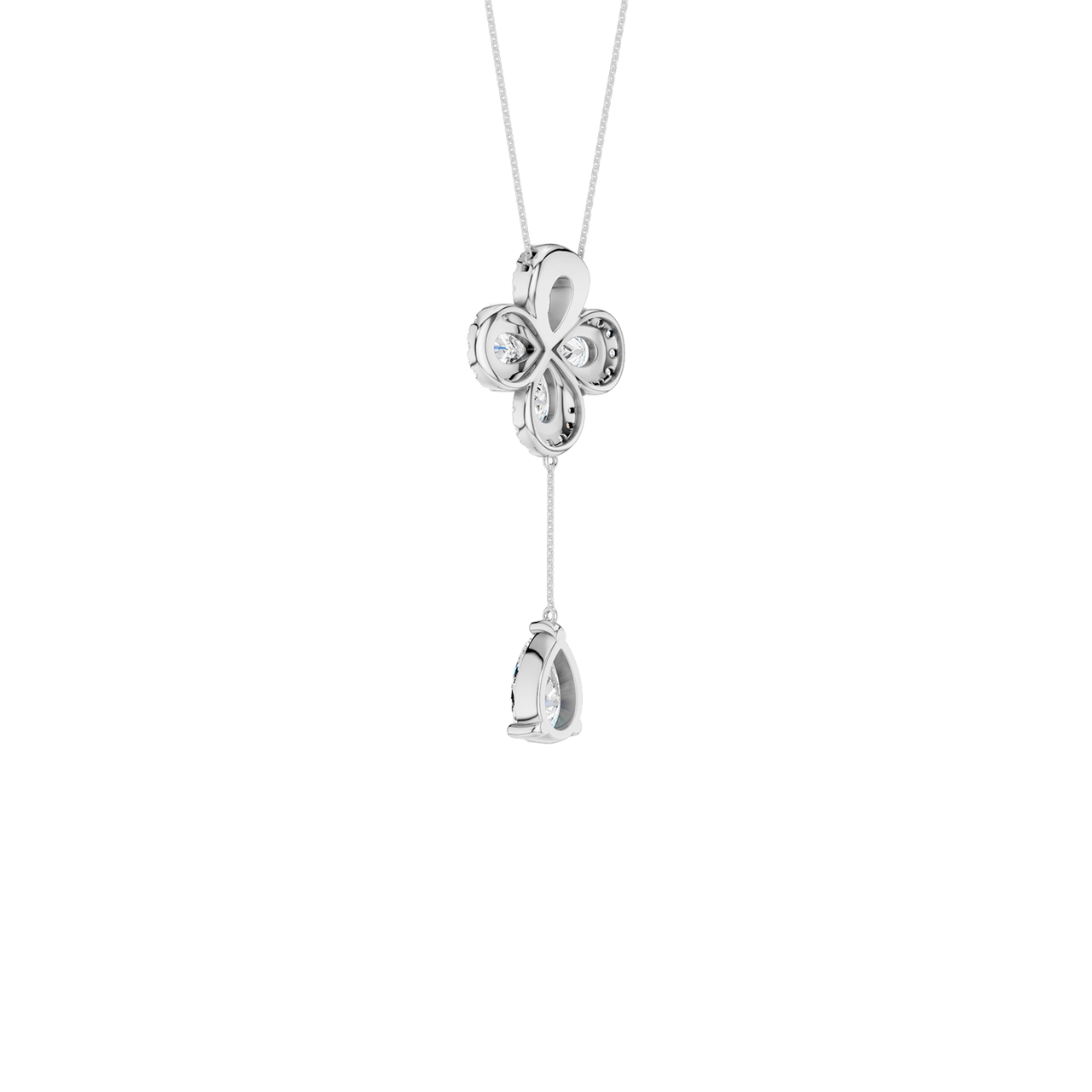 Front view of a yellow gold floral diamond necklace featuring a pear-cut diamond flower pendant with matching diamond accents along a delicate white gold chain.