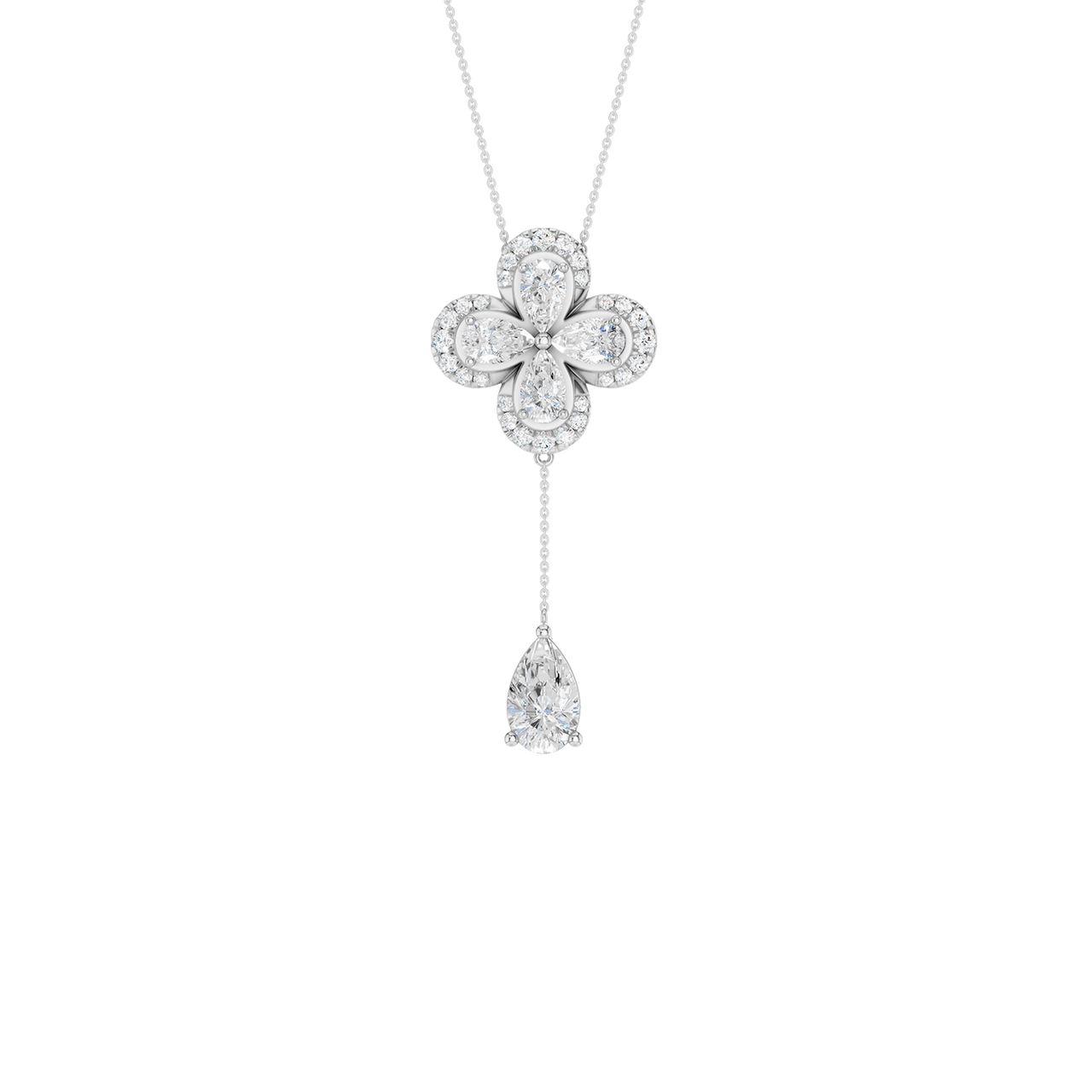 Front view of a yellow gold floral diamond necklace featuring a pear-cut diamond flower pendant with matching diamond accents along a delicate white gold chain.