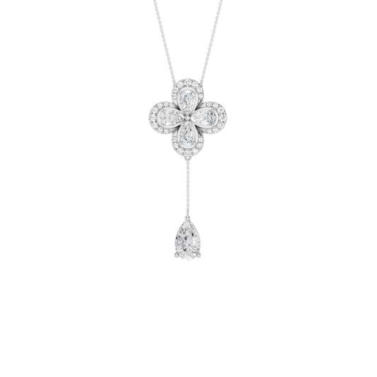 Front view of a yellow gold floral diamond necklace featuring a pear-cut diamond flower pendant with matching diamond accents along a delicate white gold chain.