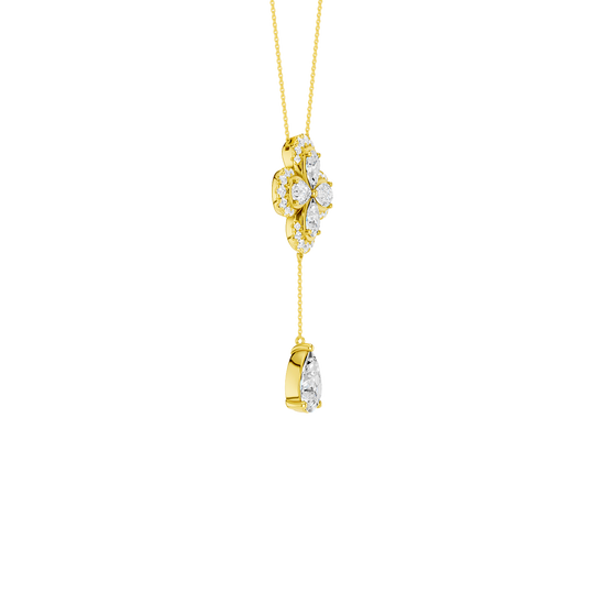 Side view of a yellow gold floral diamond necklace featuring a pear-cut diamond flower pendant with matching diamond accents along a delicate yellow gold chain.